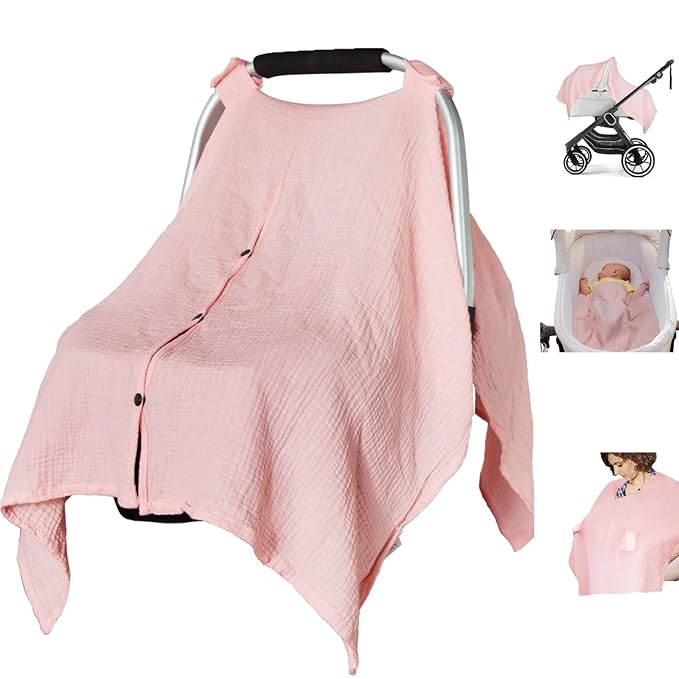 Organic Cotton Muslin Baby Car Seat Cover, Multi Use for Nursing Cover,Breathable Carseat Canopy for Boys Girls (Pink)