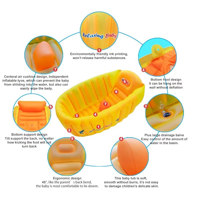 | Inflatable Baby Bathtub,Newborn Bathtub Seat for Infant,Non-Slip Baby Pool for Sitting up,Foldable Toddler Tub Shower,Portable Travel Bath for Kids 0-6 Year (Orange, Animal Print)