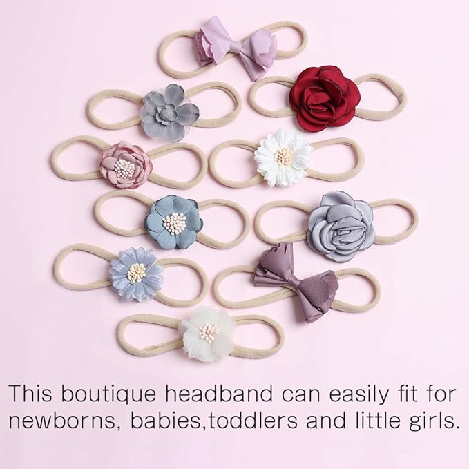 Baby Girls Nylon Elastic Headband Soft Flower Hair Band For Toddler Infant Newborn Set Of 10
