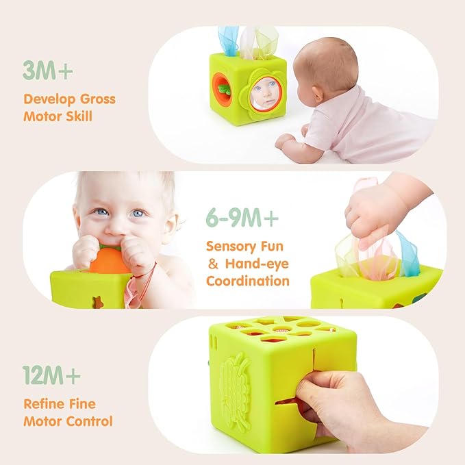 hahaland Silicone Baby Tissue Box Toy - Baby Toys 6-12 Months Montessori Toys for 6 Month Old Babies, 6-in-1 Soft Busy Activity Cube with Scarves, Crinkle, Textures, Mirror, Sensory Popper 9 Month Old