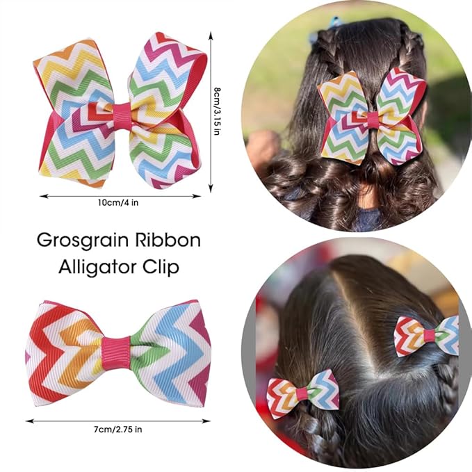 JIAHANG Baby Girls Grosgrain Ribbon 4 Inch Hair Bow Headband and Alligator Clips Set, Colorful Hair Bow Accessories for Children Toddler School Girls 4Pcs Gift Set(Stripe1)