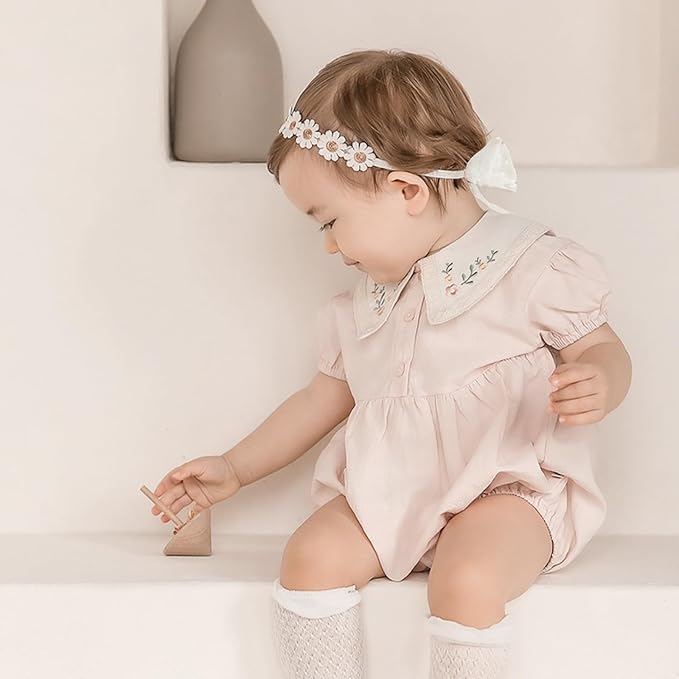 Baby Girls Flower Crown Headband Lace Handmade Floral Headbands Soft Elastic Band Daisy Hairband Newborn Infant Toddler Kids for Christening Baptism Birthday Party (White, Daisy)