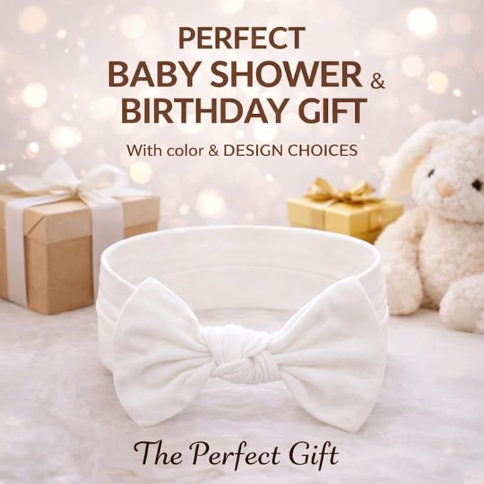 Baby Girl Headbands 0–6 Months – Newborn Infant Soft Cotton Handmade Bow Headband, Stretchy No Mark Baby Hair Accessories (Soft White, 0-6 Month)
