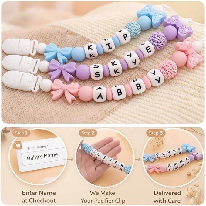 Personalized Name Pacifier Clips Nipples Holder Chain,Custom Baby Name Accessories Newborn Boy Girl Pacifier Clip(Pink)
