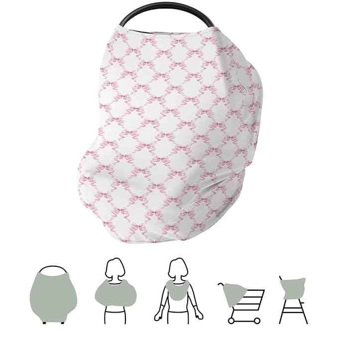 Pink Bows Ribbon Baby Car Seat Covers Pastel Baby Pink Ribbons Stretchy 5-in-1 Cover Adjustable Infant Carseat Cover Canopy Watercolor Bows Girly Breathable Nursing Cover-Up