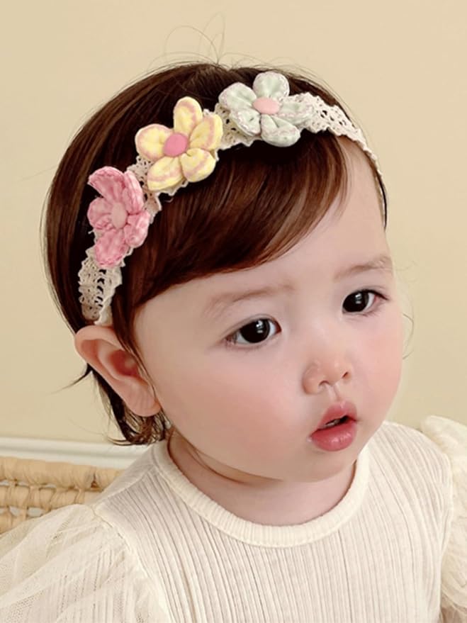 Baby Girls Hairbands Lace Flowers Headband Handmade Soft Stretchy Colorful Flower Hairband Newborn Headbands with Pearls Elastic Hairbands for Infant Head Band (Glossy Pink Bow