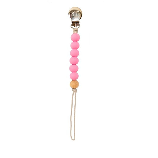 THREE LITTLE TOTS- Silicone Beaded Pacifier Clip Holder for Baby Girl and Boy Made in The USA (Pink)
