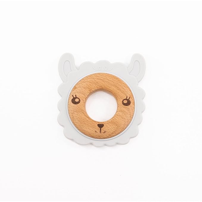 Grey Lamb Baby Teething Toy for 0-12 Months | Food-Grade Silicone & Natural Beech Wood Teether | Easy-to-Hold Animal Shapes for Soothing Chewing | BPA-Free Teethers for Babies Boys & Girls