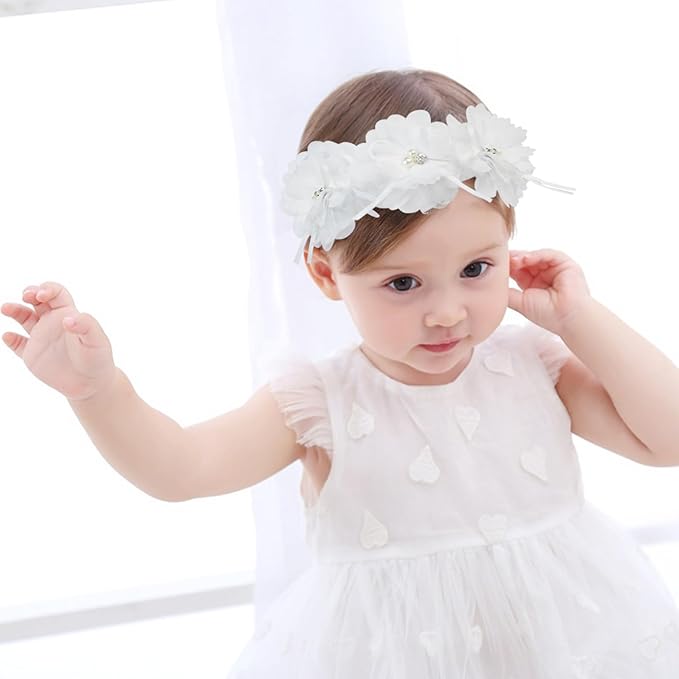 Fmeida Flower Headband for Baby Girl Floral Headbands Crown Baptism Hairband White Hair Accessories