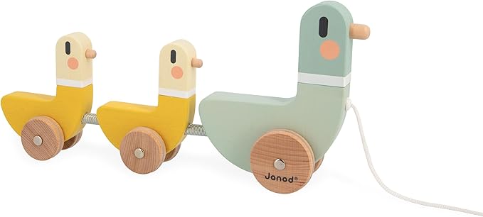 Janod - J04051 - 3 Sweet Cocoon Pulling Ducks - Develops Motor Skills - FSC Wood Toy and Water Paint - From 12 Months, Green/Yellow