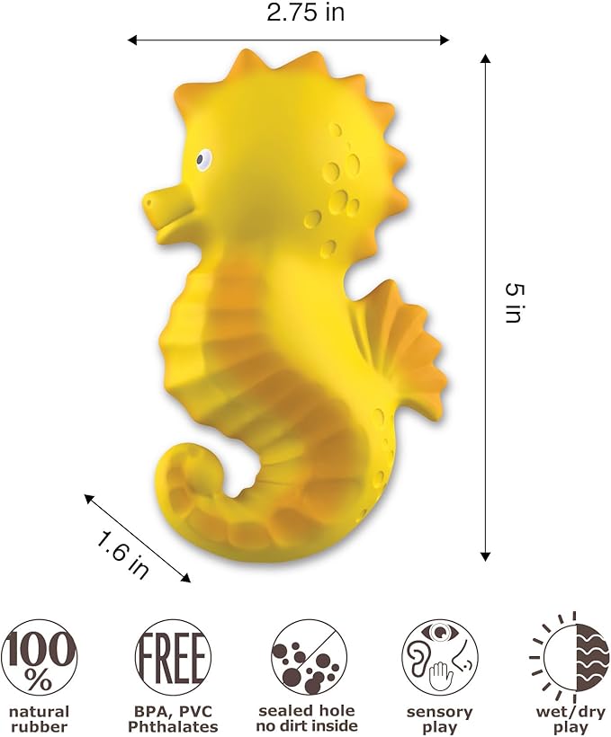 caaocho Pure Natural Rubber Bath Toy - Nalu The Seahorse - Hole Free Bath Toys, BPA Free Bath Toys for Infants, Without Holes Sealed Natural Rubber Baby Toy