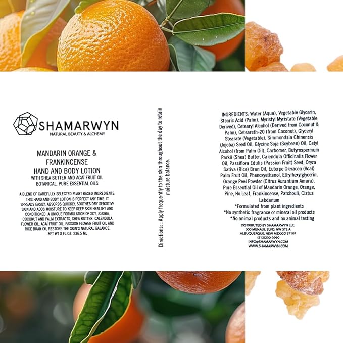 shamarwyn Hand & Body Lotion, Mandarin Orange & Frankincense, Natural-Organic, Shea Butter, Acaí Fruit Oil 8oz
