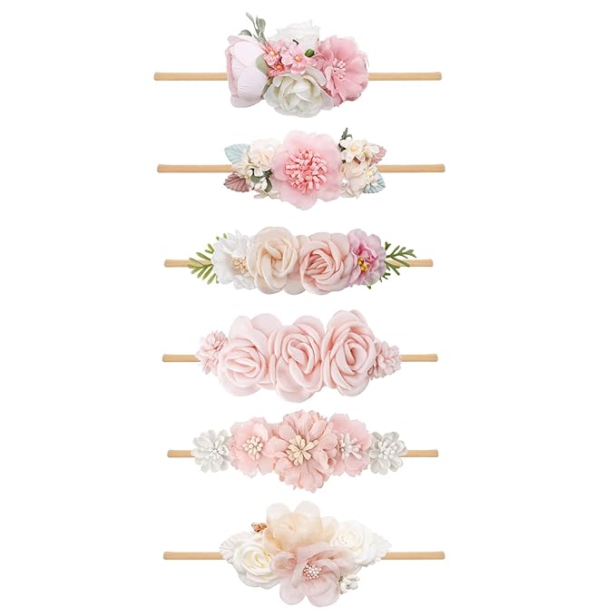 Baby Girl Flower Headband 6 PCS Elastic Hairbands Handmade Nylon Bows Headbands Chic Floral Hair Accessories Kids Gifts for Newborn Infant Toddlers
