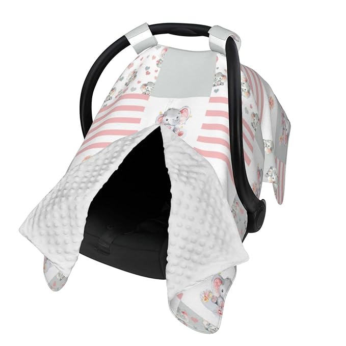 Personalized Floral Elephant Baby Car Seat Canopy for Babies with Name, Custom Patchwork Design Car Seat Covers for Girls, Peekaboo Opening Minky Nursing Cover Infant Car Seat Canopies for Newborn