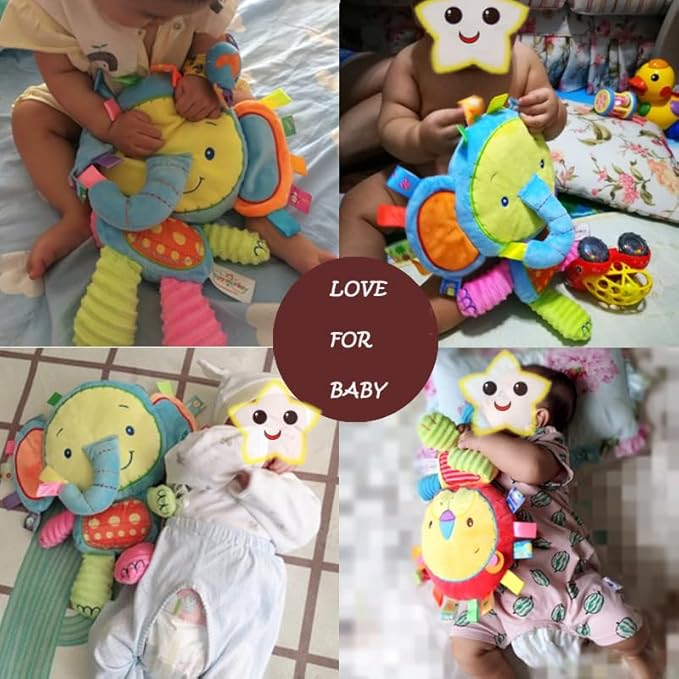 Baby Tags Toy, Taggie Security Blanket Elephant Stuffed Toy, Baby Plush Sensory Tag with Ribbons & Rattle, Toddler, Newborns, Infant