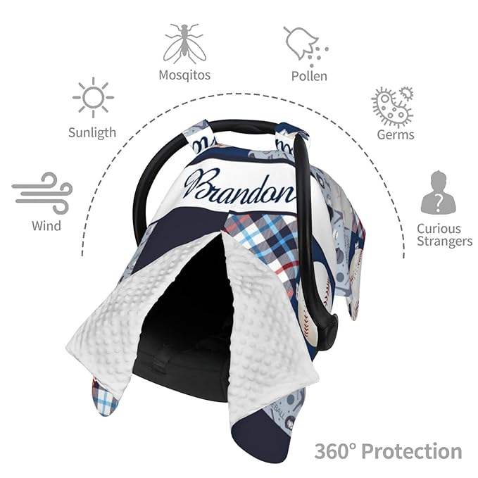 Personalized Baby Car Seat Canopy for Babies, Custom Name Car Seat Covers for Boys and Girls, Opening Minky Nursing Breastfeeding Cover for Infant, Carseat Canopies for Newborn (Baseball Theme)