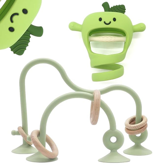 Baby High Chair Suction Toys Teething Chew - Silicone Apple Teething Relief Toys Silicone Teethers Table Toys, Food Grade Silicon for 6 12 18 Months(Green)