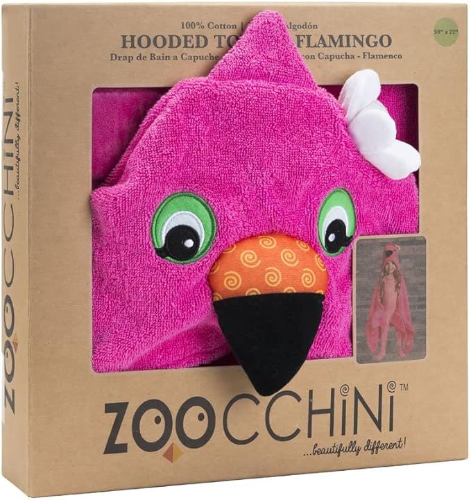 ZOOCCHINI Hooded Bath Towel for Kids 100% Cotton Terry, Plush & Absorbent for Bathtime or Pool, 50" x 22" 2-6 Years, Franny the Flamingo