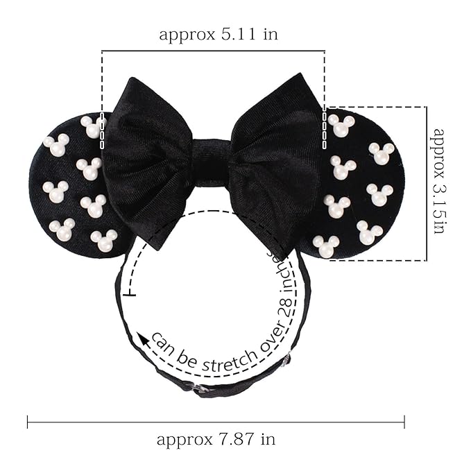 JIAHANG Adjustable Black Mouse Ear Velvet Bow Elastic Headband with Beadings, Fashion Hair Band for Baby Girls Infant Toddlers, Kids