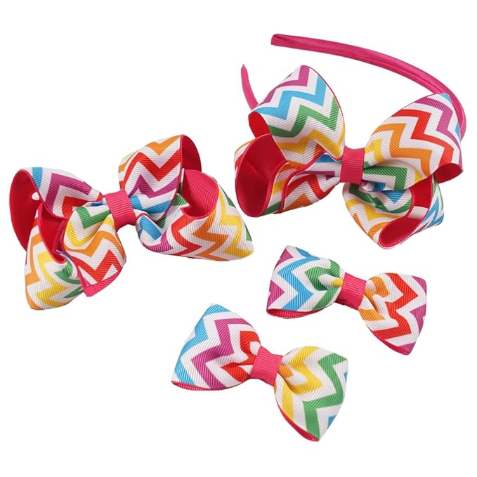 JIAHANG Baby Girls Grosgrain Ribbon 4 Inch Hair Bow Headband and Alligator Clips Set, Colorful Hair Bow Accessories for Children Toddler School Girls 4Pcs Gift Set(Stripe1)