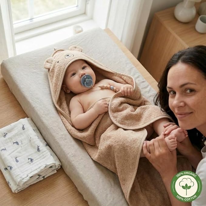 Hooded Baby Towel - 100% Organic Cotton Baby Bath Towels – Baby Towels, Baby Bath Towels for Baby Boy, Baby Girl, 32" x 32" Super-Soft and Absorbent Baby Towels for Newborn (Bear - Natural)