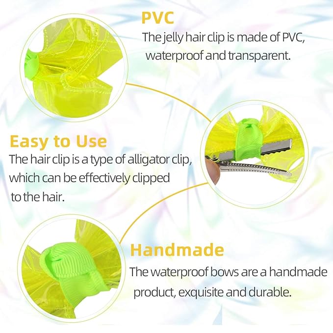 Waterproof Jelly Hair Bows, Multi-colored PVC Summer Swim Pool Bow Clips Transparent Hair Accessories for Girls Toddler Infants Kids Teens Children (Swim Pool Bows, 4inch)