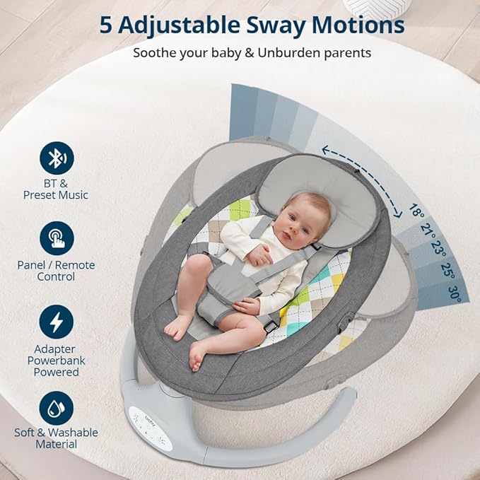 Bioby Baby Swing for Infants with 5 Natural Sway Speeds, Portable Bt Music Swing with Remote Control & 5-Point Harness, Lightweight Baby Rocker for 5-20 Lb,0-12 Months Grey