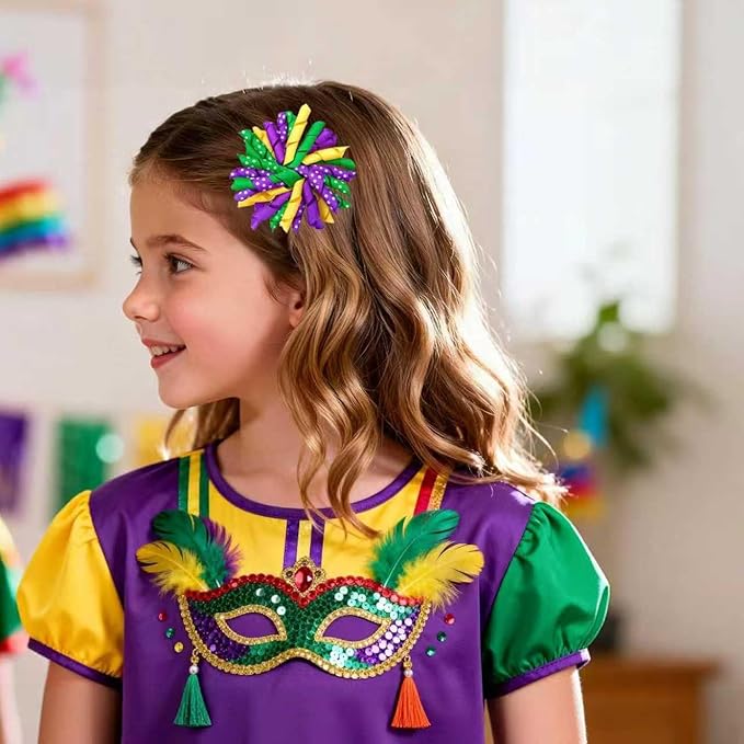 Mardi Gras Korker Hair Bows 3'' Girls Curly Corker Bow Alligator Clips Purple Yellow Green Grosgrain Ribbon Fireworks Flowerball Accessories Kids Favor Gift