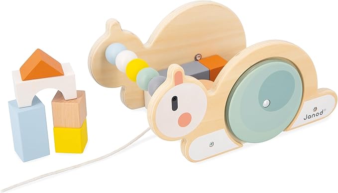 Janod Sweet Cocoon - Wooden Pull-Along Snail Cube Trolley - 17 Piece Set - Ages 18 Months - 3 Years - J03354