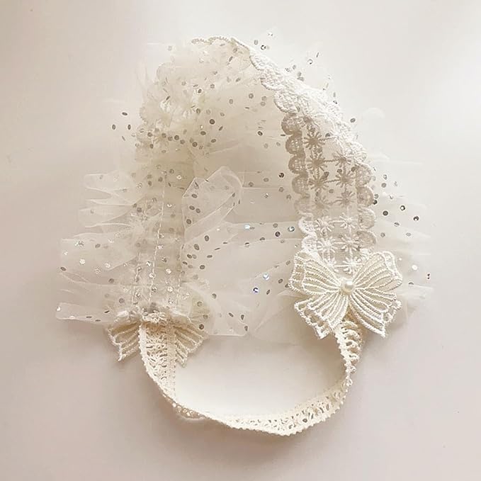 Baby Girls Headband Lacy Bow Pearl Wide Hair Band Turban for Infants Newborn Toddler Floral Ivory Elastic Head Wrap Breathable Sun Bonnet Hair Accessories (Ivory C)