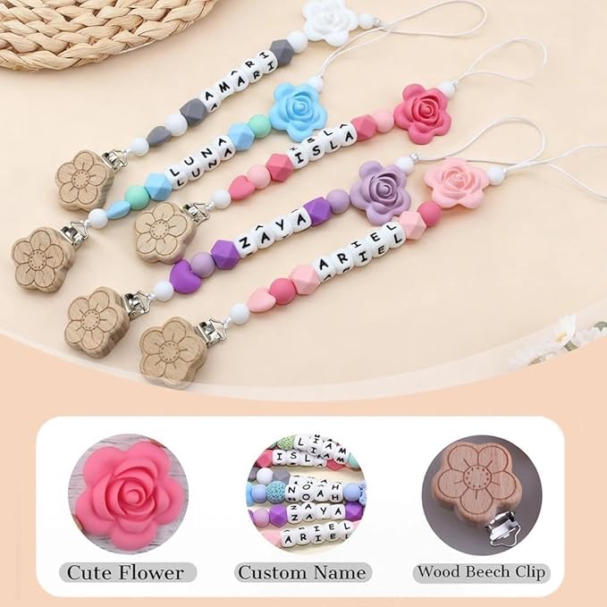 Personalized Flower Pacifier Clip Custom Baby Name Personalized Baby Gift Flower Pacifier Holder Beech Wooden Clip (Style 1)