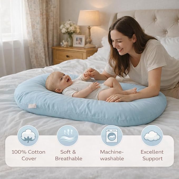 Baby Lounger for Newborn,Baby Nest for Newborn Soft Cotton Breathable for Playtime & Relaxation,Flat Babies Essentials Gifts Newborn Lounger for Boys & Girls 0-12 Months(Misty Blue)