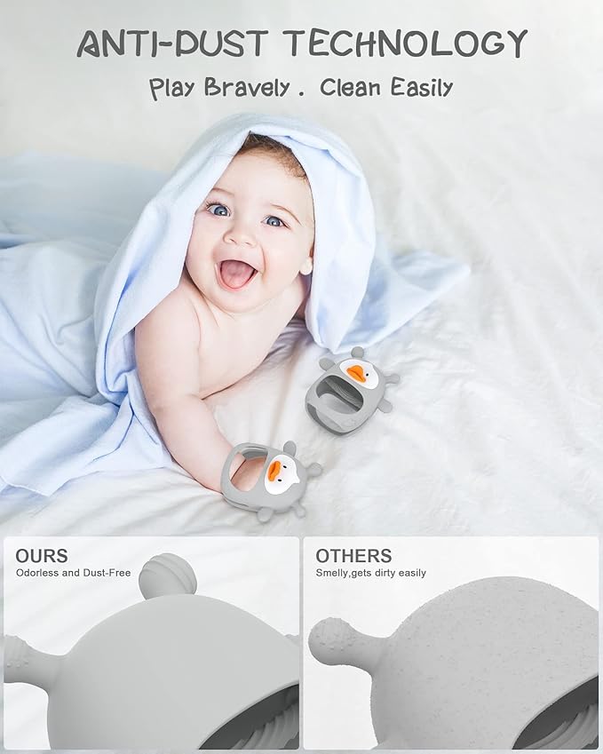 Baby Teething Toys,Silicone Baby Teether Toy for Infants 3+ Months, Never Drop Silicone Baby Mitten Teether for Soothing Teething Pain Relief, Baby Chew Toys for Sucking Needs, BPA Free (Grey)