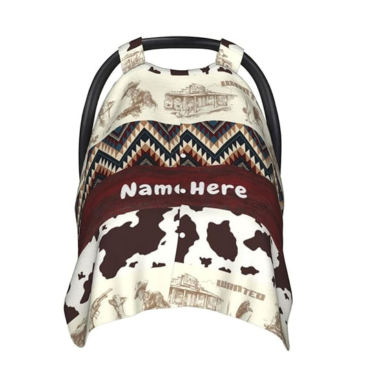 Personalized Western Style Baby Car Seat Canopy for Babies with Name, Customized Cowboy Stroller Car Seat Covers for Girls Boys, Minky Nursing Carseat Cover for Breastfeeding, Newborn, Infant