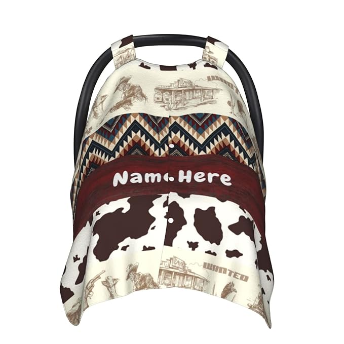 Personalized Western Style Car Seat Cover for Babies with Name, Custom Cowboy Carseat Canopy, Peekaboo Opening Nursing Breastfeeding Cover Infant Car Seat Canopies for Baby Boys Girls Newborn