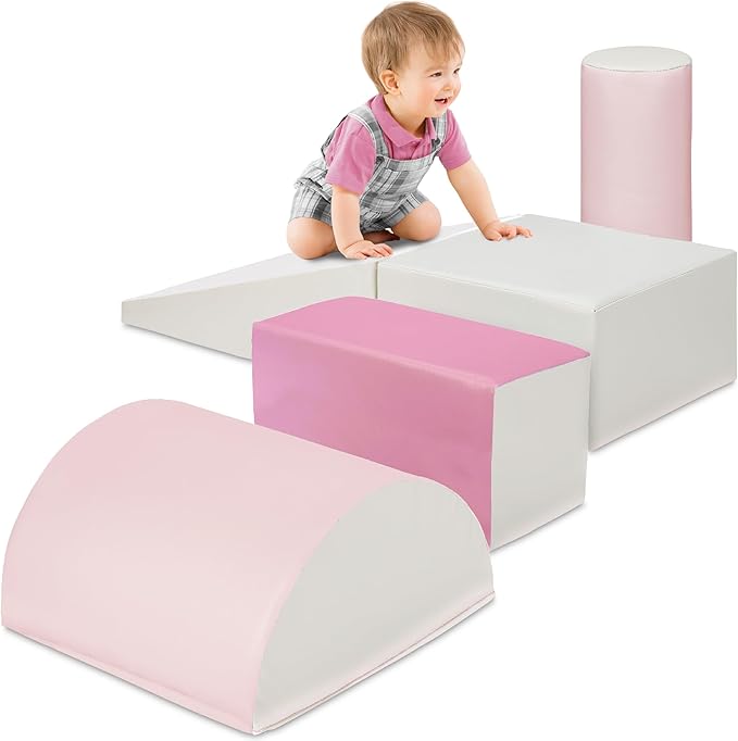 Best Choice Products Soft Foam Climbing Blocks for Toddlers, 5-Piece Baby Play Set, Easy-Clean Vinyl Foam Shapes, Safe Certified Materials, Early Learning Motor Skill Development Toy - Pink