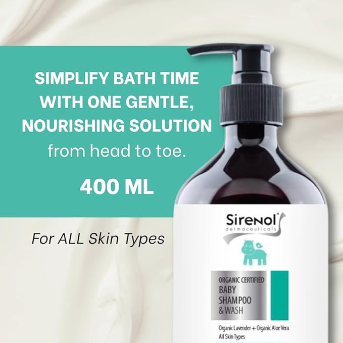 Sirenol Organic Baby Shampoo & Body Wash - Cosmos Certified, Dermatologist Tested, Detangling, Sensitive & Tear-Free Natural Formula, Clean Ingredients, 13.5oz
