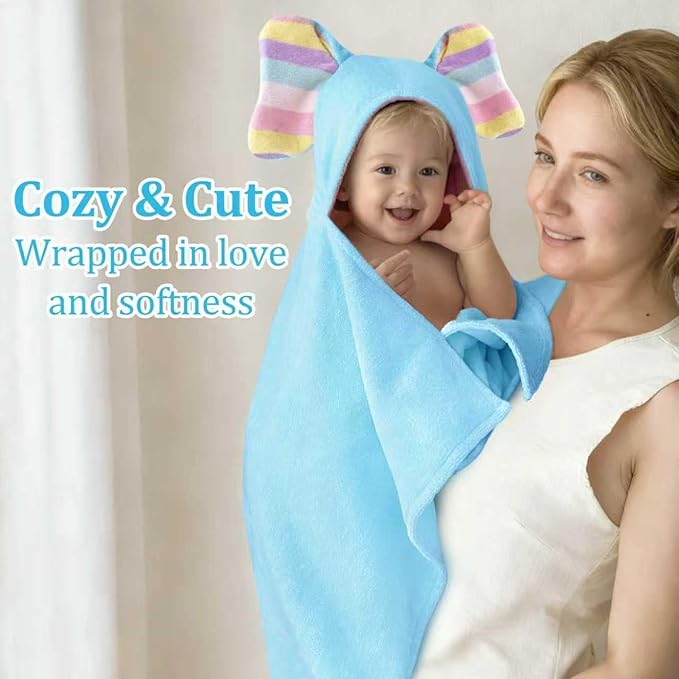 VOOVA & MOVAS Blue Baby Bath Towel with Cute Elephant Ears Hood – 33" x 31.5", 420GSM, 100% Cotton – Super Absorbent & Thick – for 0–18 Months Newborn, Toddler, Infant, Baby Essentials