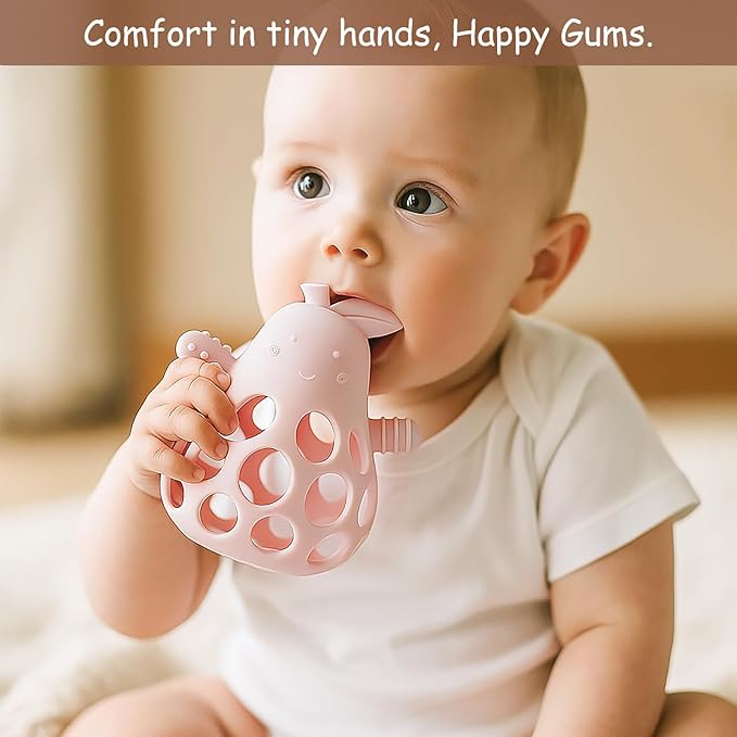 Baby Teething Toy Silicone Teether for Infants, Pear-Shaped Design with Easy-Grip Hole and Nipple-Shaped Ends for Gum Massage & Sensory Development, BPA-Free Safe Baby Chew Toy YIVEKO-Ivory+Sage