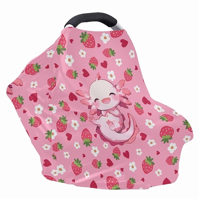 Axolotl Car Seat Covers Canopy Cover - Multi-use Cover Pink Strawberry Carseat Canopy, Breathable Breastfeeding Cover, Reusable Car Seat Covers for Bbies