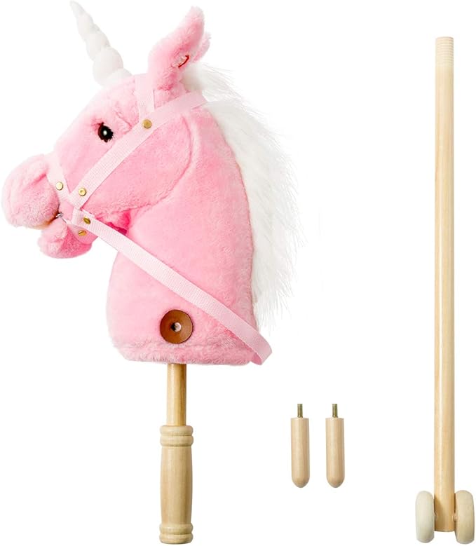 HollyHOME Plush Unicorn Stick Horse with Wood Wheels Real Pony Neighing and Galloping Sounds Plush Toy Pink 37 Inches(AA Batteries Required)