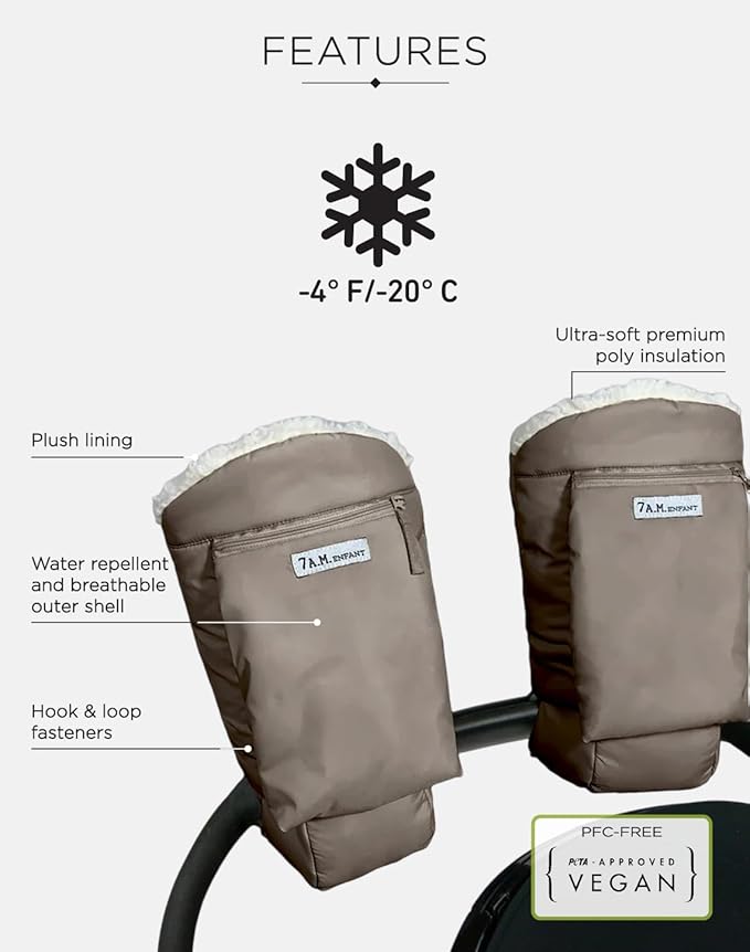 7AM Enfant Stroller Warmmuffs Gloves - Anti-Freeze Stroller Mittens for Handlebars, Water Repellent Hand Warmer Muff for Cold Weather, Plush Lined Stroller Warmmuffs | Winter Stroller Accessories