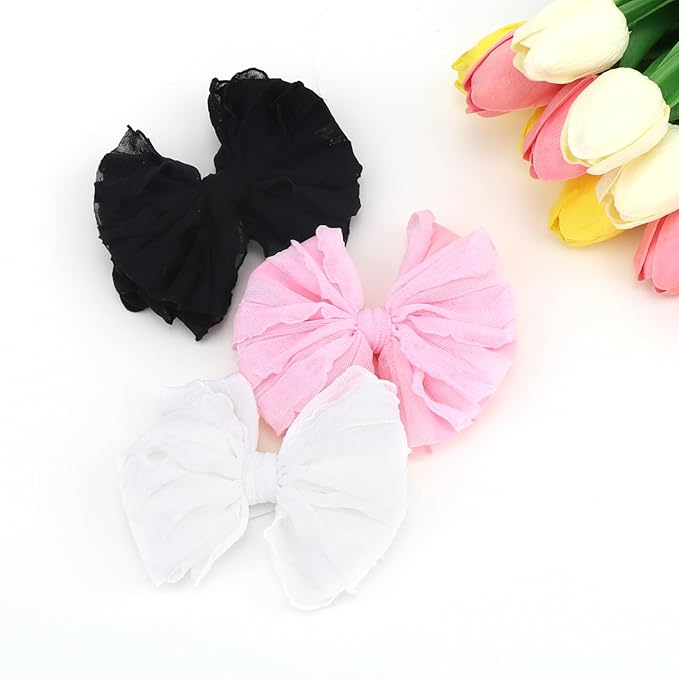 YanJie Nylon Elastic & Lace Hairband - Soft Baby Hair Bows Headbands for Girls Infants & Toddlers, 3 Pack - Black, White, Pink