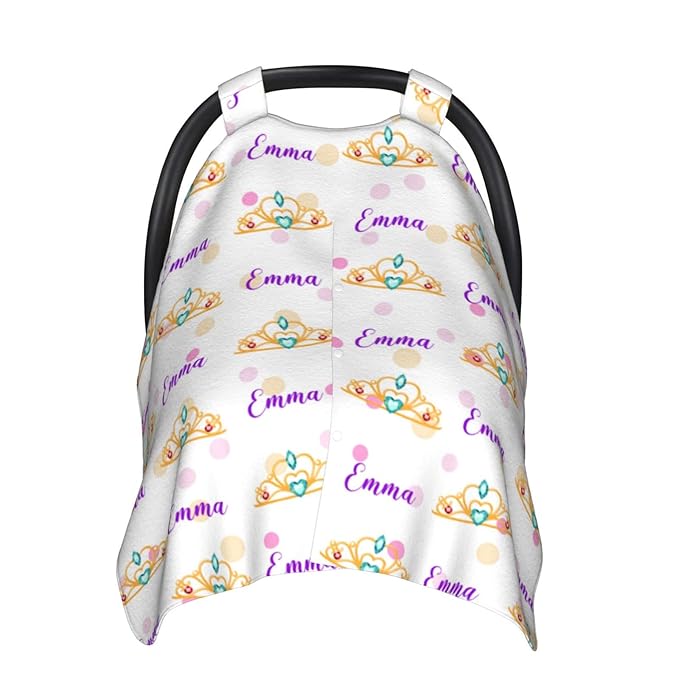 Personalized Girl Crown Tiara Baby Car Seat Canopy for Babies with Name, Custom Car Seat Covers for Girls, Peekaboo Opening Minky Nursing Cover Infant Car Seat Canopies for Newborn