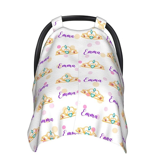 Personalized Girl Crown Tiara Baby Car Seat Canopy for Babies with Name, Custom Car Seat Covers for Girls, Peekaboo Opening Minky Nursing Cover Infant Car Seat Canopies for Newborn