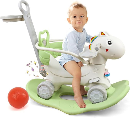 Ancaixin 4 in 1 Rocking Horse Ages 1-3, Baby Rocking Toy Birthday Gift for Toddlers 1-3 Years Old, Balance Bike Ride On Toys with Push Handle, Backrest and Balance Board for Baby Girl and Boy, Green