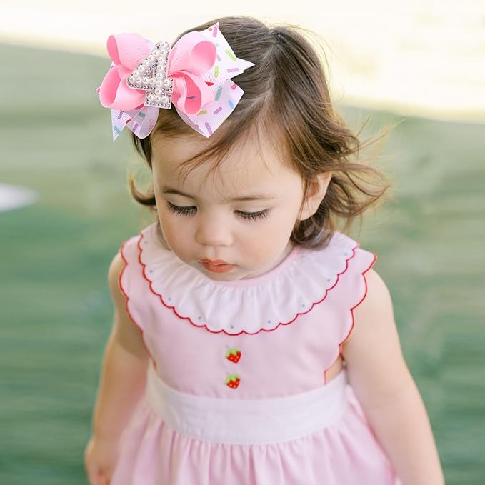 2PCS Hair Bows for Baby Girls Birthday - 4th Birthday Hair Bow Sweet Theme with Ice Cream Party, Pink Hair Accessories for Baby Toddler 1 2 3 4 5 6 Years, Outfit & Decorations