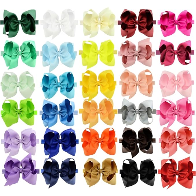 WillingTee Headbands 6 Inch 30 Colors Boutique Grosgrain Ribbon Hair Bows Big Baby Girls Bows Headbands for Baby Girls Infants Toddler Kids Teens and Children