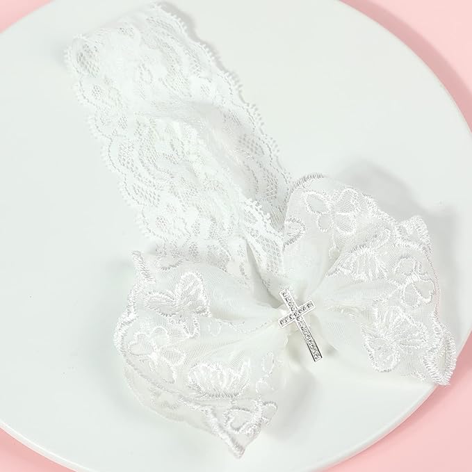BBTDIN Baptism Christening Headbands Baby Girls Flower Lace Hair Hand White Bow BBG11 (B3-Cross Set)