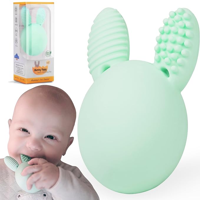 Baby Teething Toy Easter Bunny Infant Teether Rabbit Egg Rattle Toy Teething Pain Relief for Babies Boys Girls - Mint